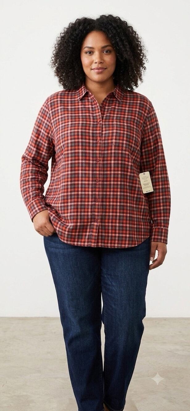 St. John’s Bay Women's Plus Size 3X Plaid Button Down Shirt Deep Ruby Red NEW